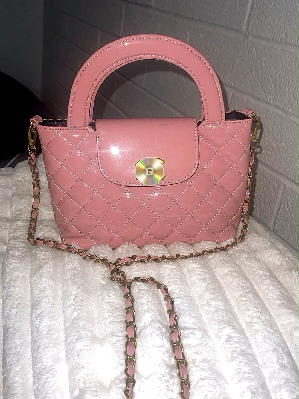 Quilted Patent Pink Top-Handle Crossbody Bag